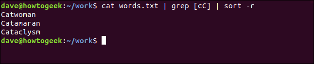Um comando "cat words.txt | grep [cC] | sort -r" em uma janela de terminal.