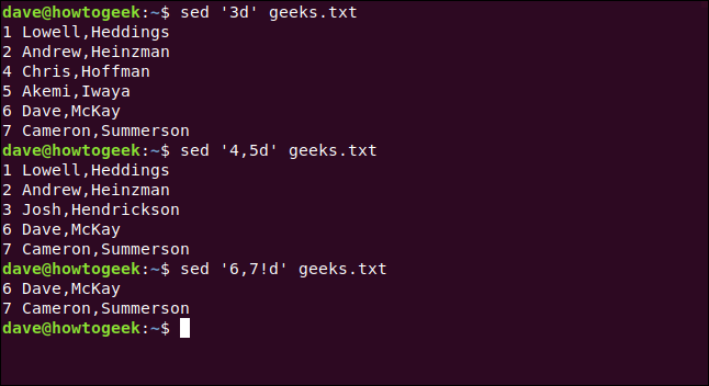 Os comandos "sed '3d' geeks.txt", "sed '4,5d' geeks.txt" e "sed '6,7! D' geeks.txt" em uma janela de terminal.
