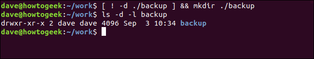 Um comando "[! -D ./backup] && mkdir ./backup" em uma janela de terminal.