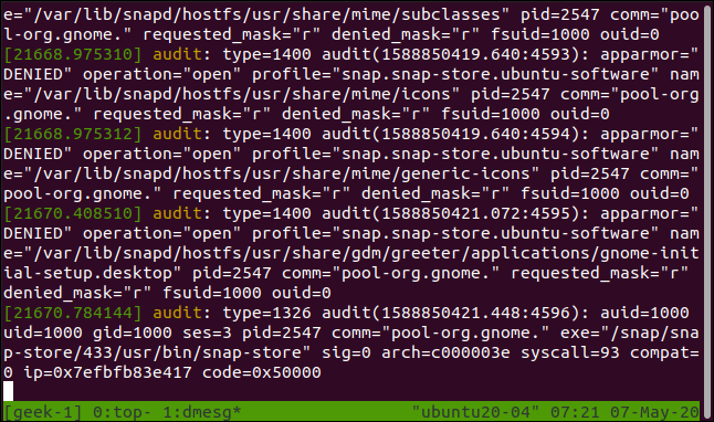 dmesg rodando na janela dois de uma sessão tmux, em uma janela de terminal.