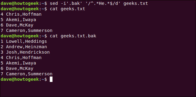 Os comandos "sed -i'.bak '' /^.*He.*/d 'geeks.txt" e "cat geeks.txt.bak" em uma janela de terminal.