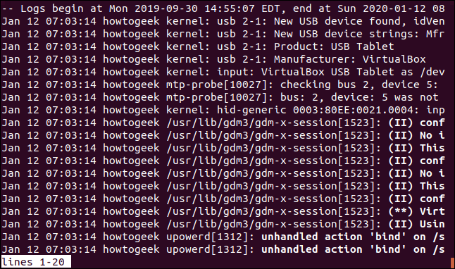 Saída de sudo journalctl -S -1h em uma janela de terminal