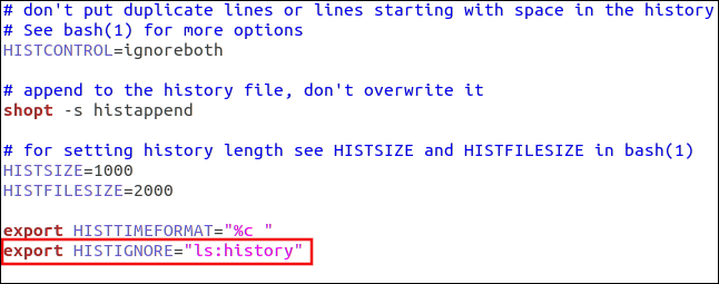 Um comando "export HISTIGNORE =" ls: history "no gedit.