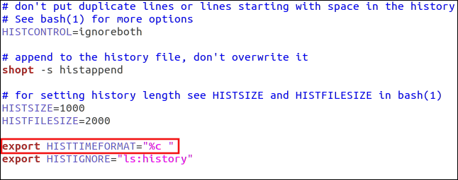 Um comando "export HISTTIMEFORMAT ="% c "no gedit.