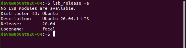 Saída de lab_release no Ubuntu em uma janela de terminal.