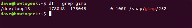 O comando "df | grep gimp" em uma janela de terminal.