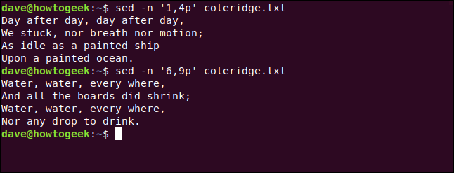 Os comandos "sed -n '1,4p' coleridge.txt" e "sed -n '6,9p' coleridge.txt" em uma janela de terminal.