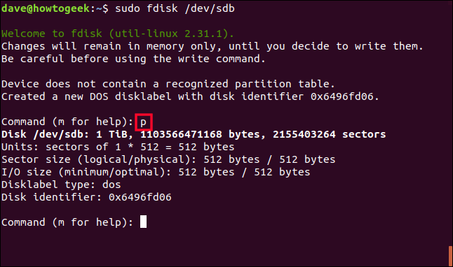 sudo fdisk / dev / sdb em uma janela de terminal