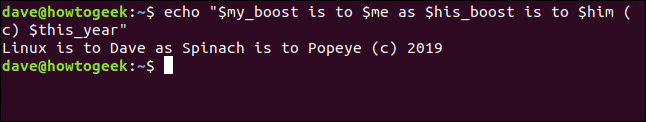 O comando "echo" $ my_boost é para $ me assim como $ his_boost é para $ him (c) $ this_year "em uma janela de terminal.