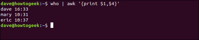 O comando "who | awk '{print $ 1, $ 4}'" em uma janela de terminal.