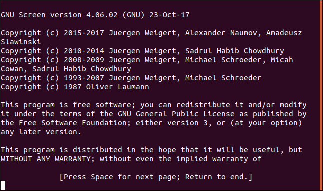 As informações de licença do comando "screen" em uma janela de terminal.