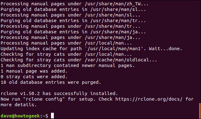 Mensagem de sucesso do script de instalação rclone em uma janela de terminal