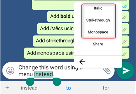 O menu secundário com as outras opções de formatação destacadas.