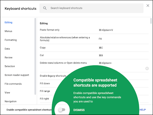 Exemplo de atalhos compatíveis com o Google Sheets.