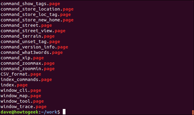 lista de arquivos de página em uma janela de terminal