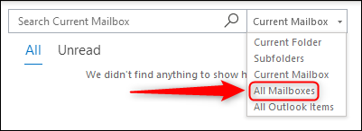 Clique na caixa de pesquisa e selecione "Todas as caixas de correio".