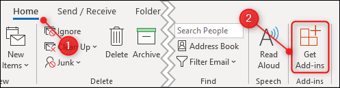 A guia Home com o botão "Get Add-ins" destacado.