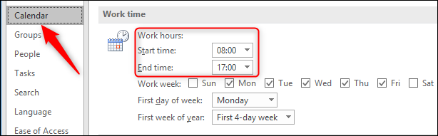 mude seu horário de trabalho em Arquivo> Opções> Calendário