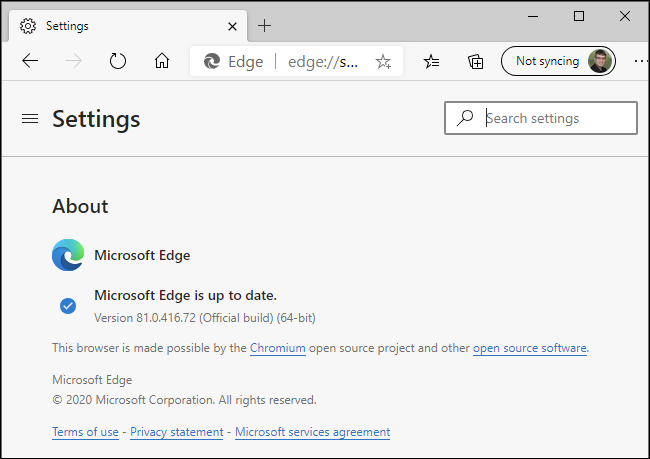 Microsoft Edge dizendo que está atualizado em um PC com Windows.
