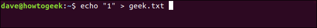 O comando "echo" 1 "> geek.txt" em uma janela de terminal.