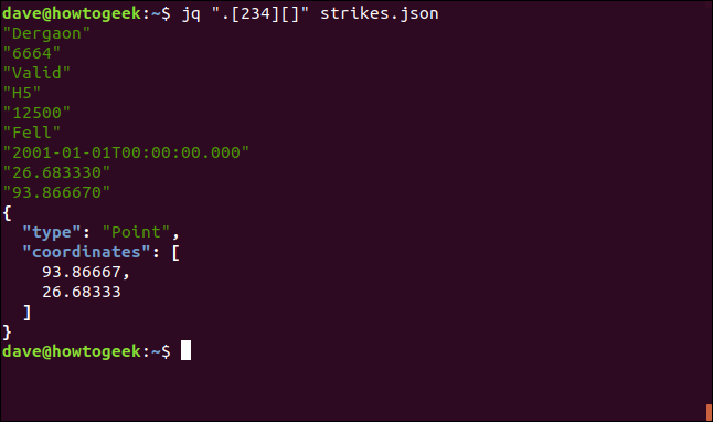 O comando "jq" [234] [] "strikes.json" em uma janela de terminal.