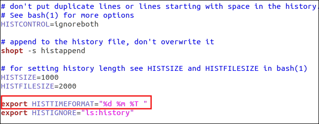 O comando export HISTTIMEFORMAT = "% dn% m% T" no gedit.