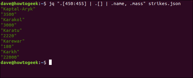 O "jq". [450: 455] |  . [] |  .name, .mass "strikes.json" comando em uma janela de terminal.