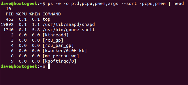 Saída de ps -e -o pid, pcpu, pmem, args --sort -pcpu, pmem |  cabeça 10