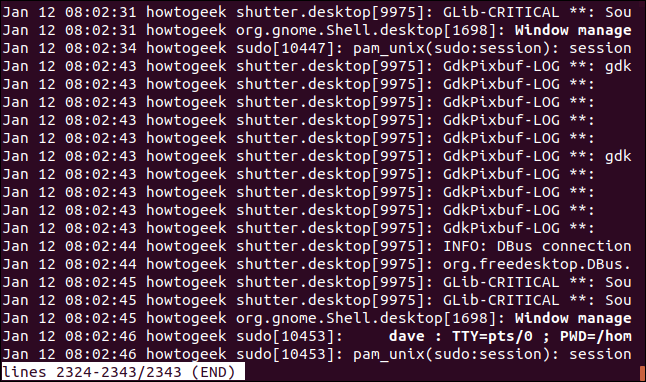 Saída de sudo journalctl -S hoje em uma janela de terminal