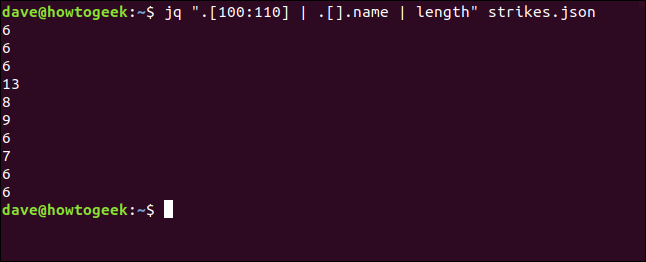 O "jq". [100: 110] |  . []. nome |  comprimento do comando "strikes.json" em uma janela de terminal.