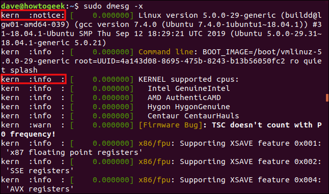 Saída de sudo dmesg -x em uma janela de terminal