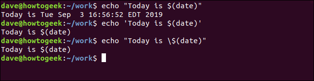 Um comando "echo" 'Hoje é $ (data)' "em uma janela de terminal.