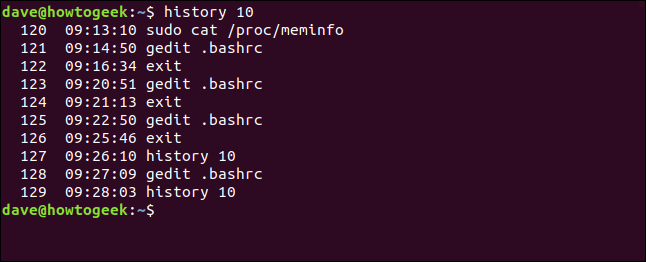 Uma lista de histórico com carimbos de data / hora em uma janela de terminal.