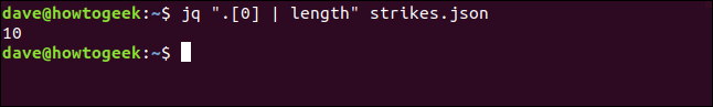 O "jq". [0]  |  comprimento do comando "strikes.json" em uma janela de terminal.