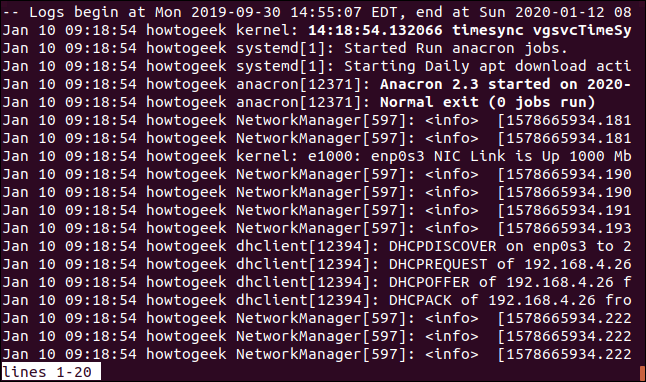 Saída de sudo journalctl -S -2d -U hoje em uma janela de terminal