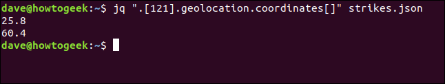 O comando "jq". [121] .geolocation.coordinates [] "strikes.json" em uma janela de terminal.