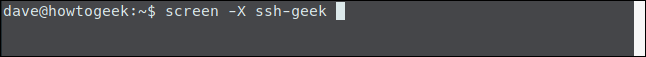 O comando "screen -X ssh-geek" em uma janela de terminal.