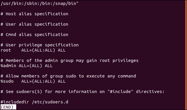 Conteúdo do arquivo / etc / sudoers em uma janela de terminal