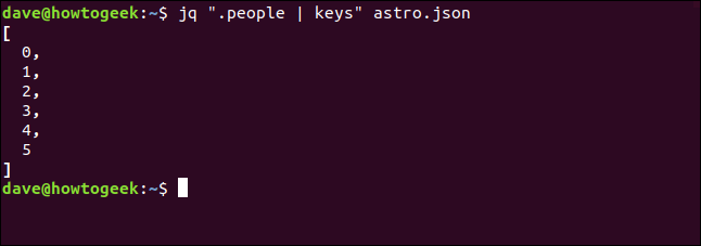 O "jq" .people |  keys "astro.json" comando em uma janela de terminal.