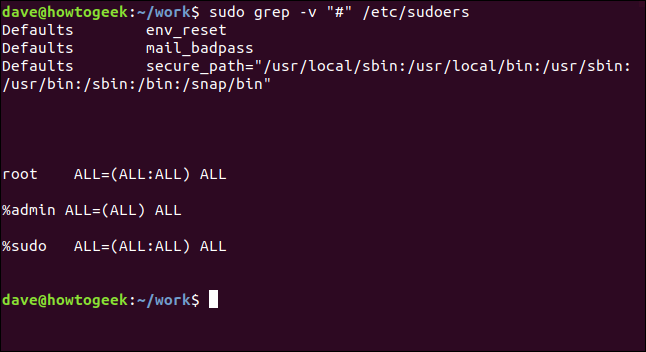 sudo grep -v "#" / etc / sudoers em uma janela de terminal