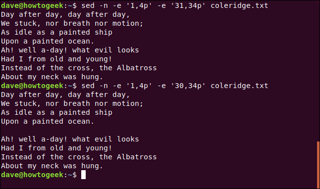 Os comandos "sed -n -e '1,4p' -e '31, 34p 'coleridge.txt" e "sed -n -e' 1,4p '-e '30, 34p' coleridge.txt" em um terminal janela.