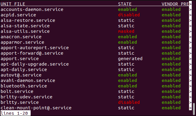 Lista de arquivos de unidade do systemd em uma janela de terminal