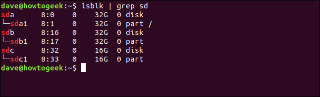 Saída de lsblk |  grep sd em uma janela de terminal