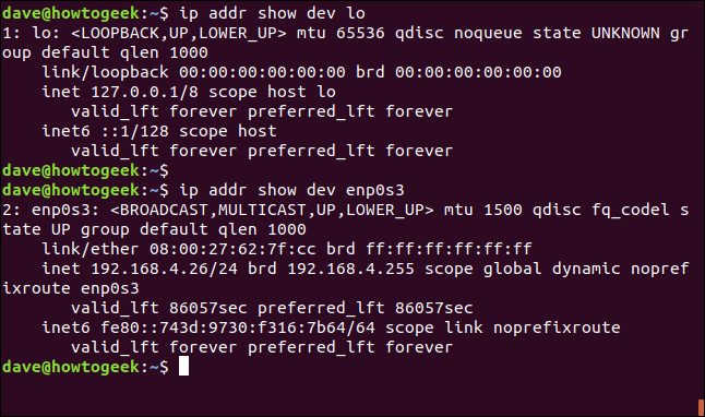 Os comandos "ip addr show dev lo" e "ip addr show dev enp0s3" em uma janela de terminal.