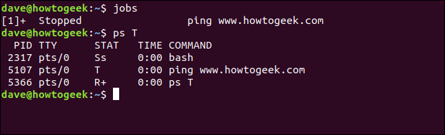 comando jobs em uma janela de terminal