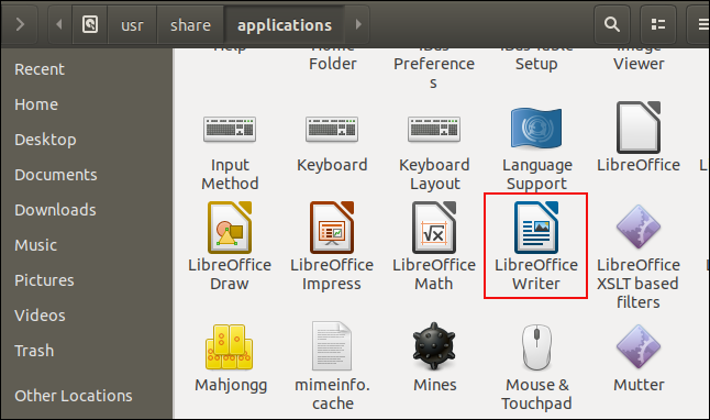 Janela de arquivos mostrando o ícone do LibreOffice Writer