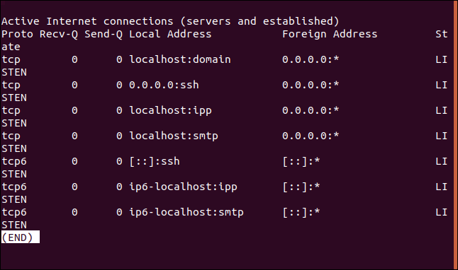 Saída de netstat -at |  menos em uma janela de terminal