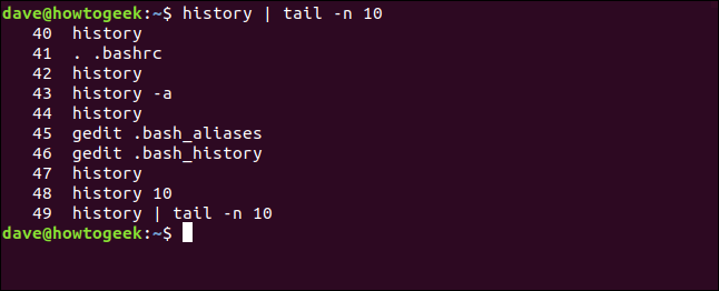 O comando "history | tail -n 10" em uma janela de terminal.