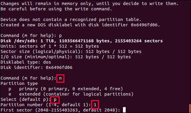 criando uma partição com fdisk em uma janela de terminal