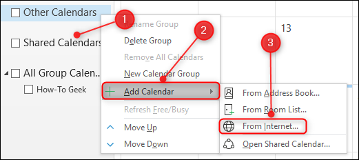 A opção Adicionar calendário da Internet